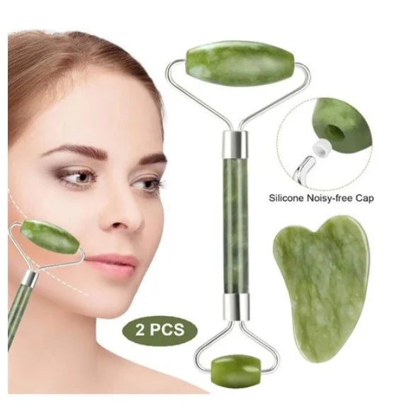 Rolo de Pedra de Jade + Placa Gua Sha para Massagem Facial Anti-idade